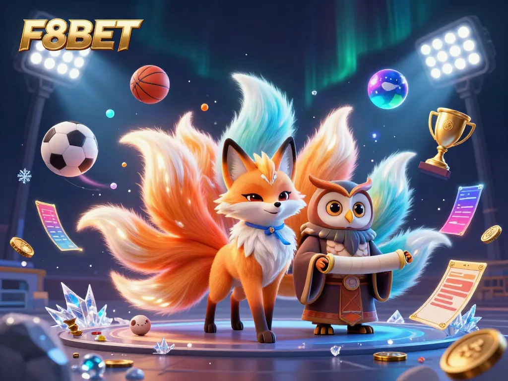Witness the vibrant F8BET gaming spirit as a colorful nine-tailed fox, wise owl, and dynamic sports elements create an exhilarating atmosphere.