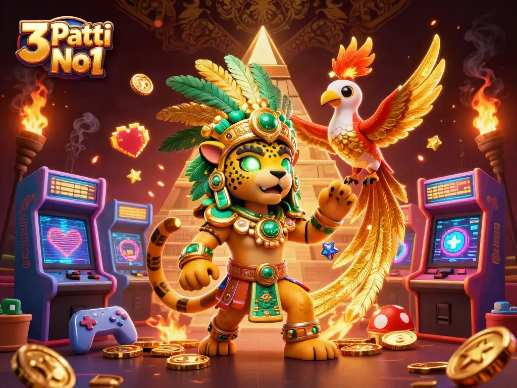 Experience the excitement of 3 Patti No1 through this vibrant 3D illustration showcasing a Mayan jaguar priest and gaming elements.