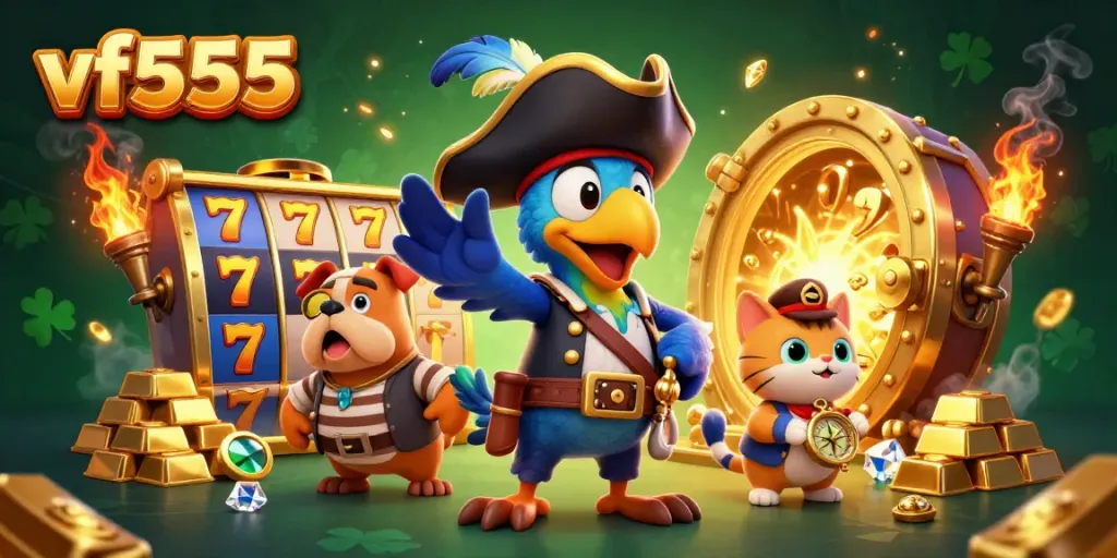 Play thrilling slots at vf555 with a pirate crew exploring treasures in a vibrant casino scene.