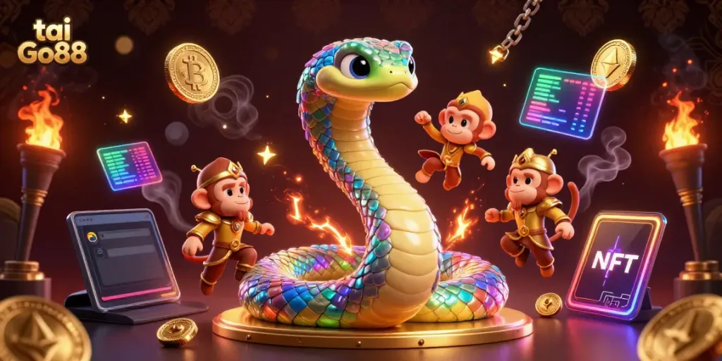 Tai Go88 showcases a vibrant 3D scene with a rainbow serpent and monkey king amidst neon crypto coins.