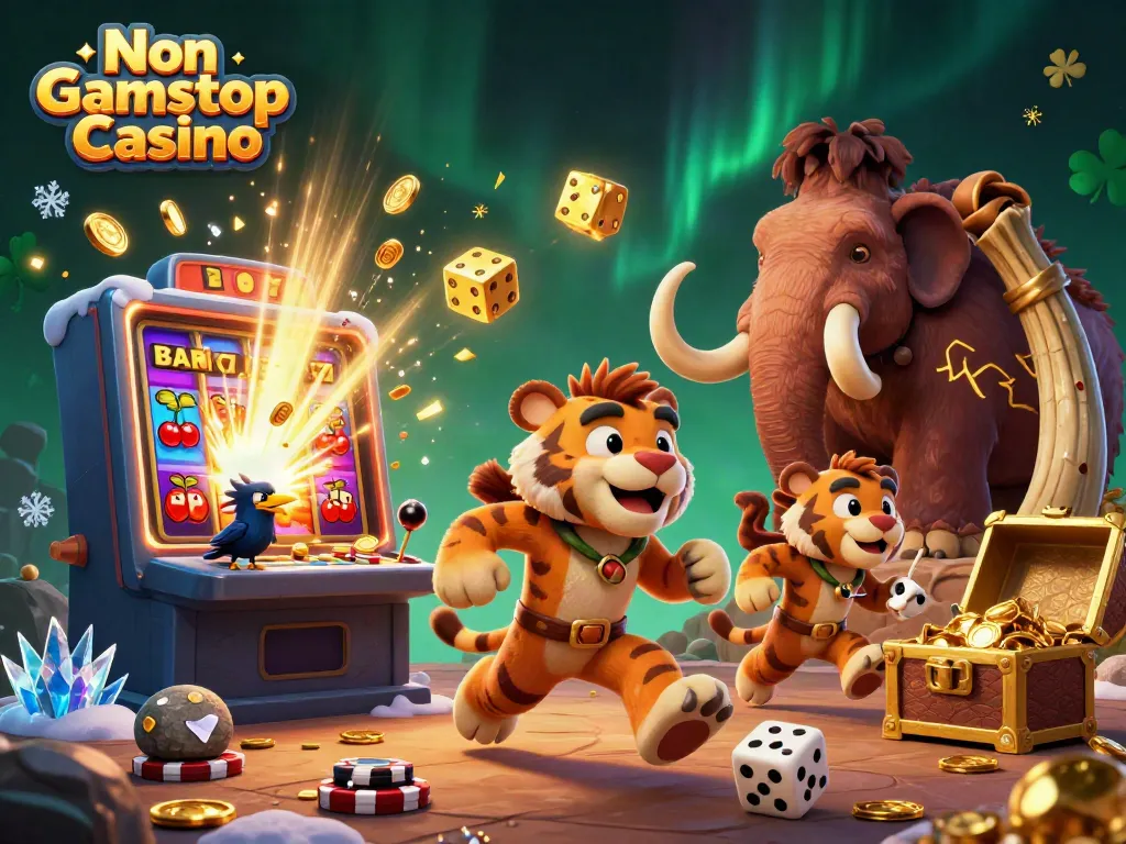 Engaging Non Gamstop Casino scene with caveman, tiger, and crow amidst dynamic games and golden treasures