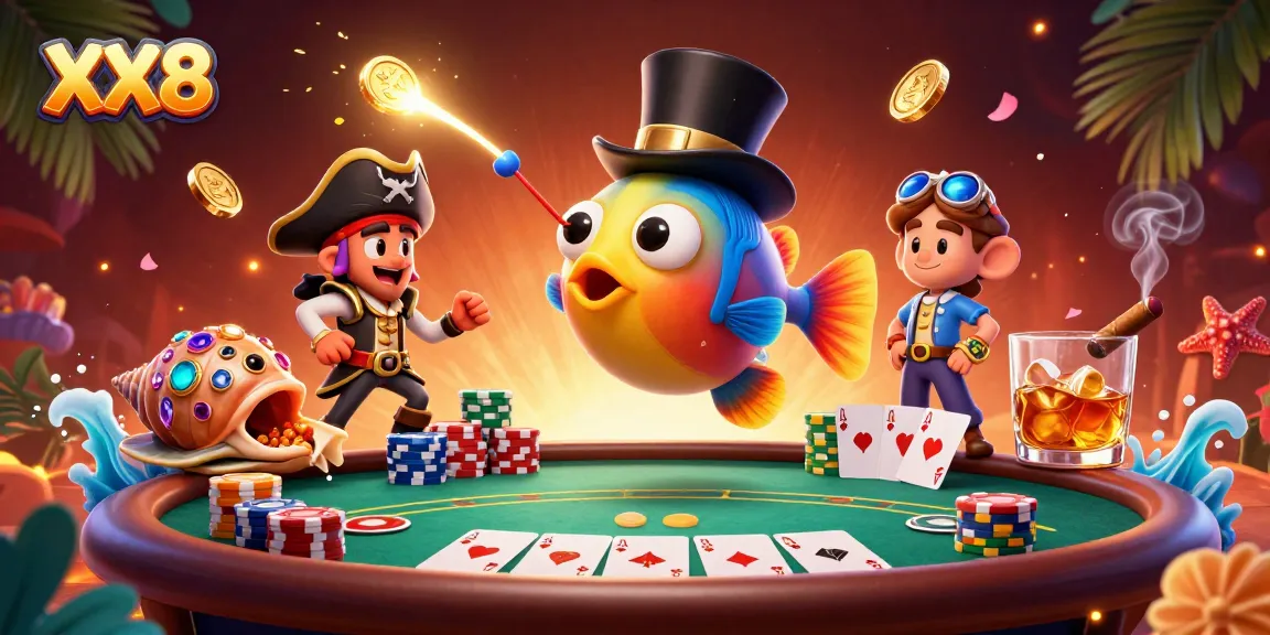 Engage with XX8’s thrilling poker world featuring vibrant characters like an anglerfish and pirate shrimp.