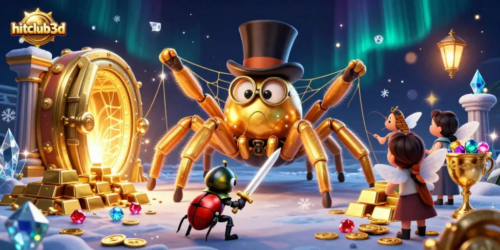 Engage with hitclub3d's vibrant casino world, led by a golden tarantula surrounded by treasures and excitement.