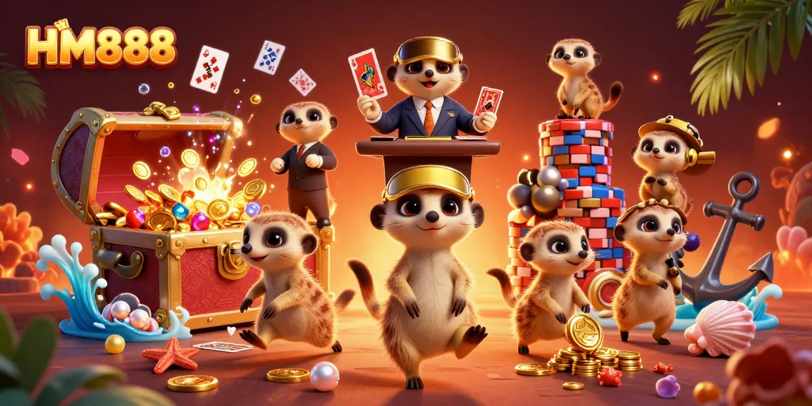 Engage in thrilling gameplay at HM888 with cartoon meerkats managing a vibrant casino scene.