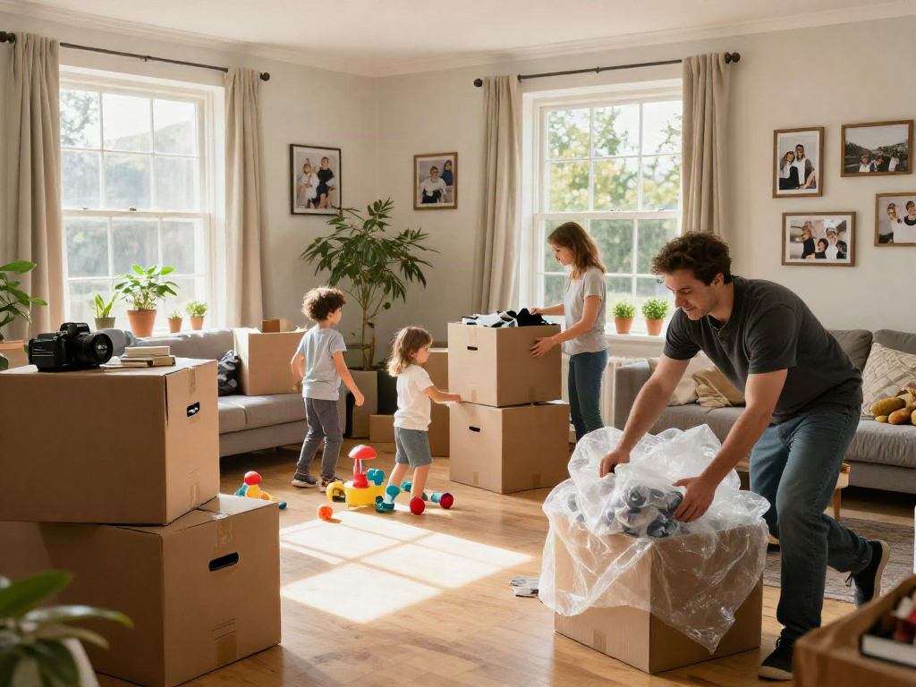Family preparing for Removals London with packed boxes, friendly movers, and a warm home atmosphere.