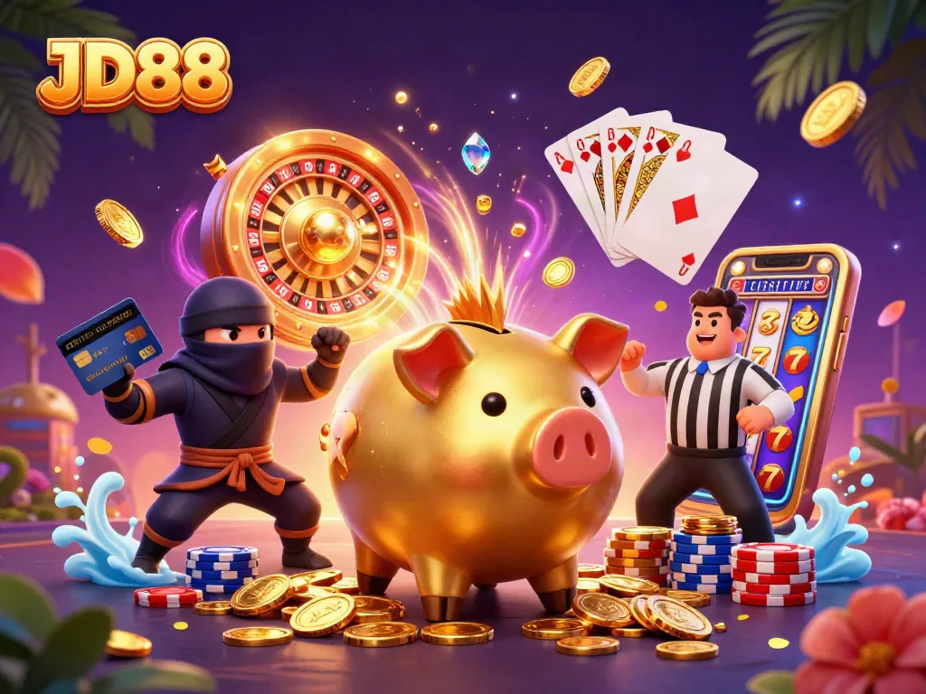 Experience thrilling wins at JD88 casino with dynamic illustrations of action-packed gambling elements.