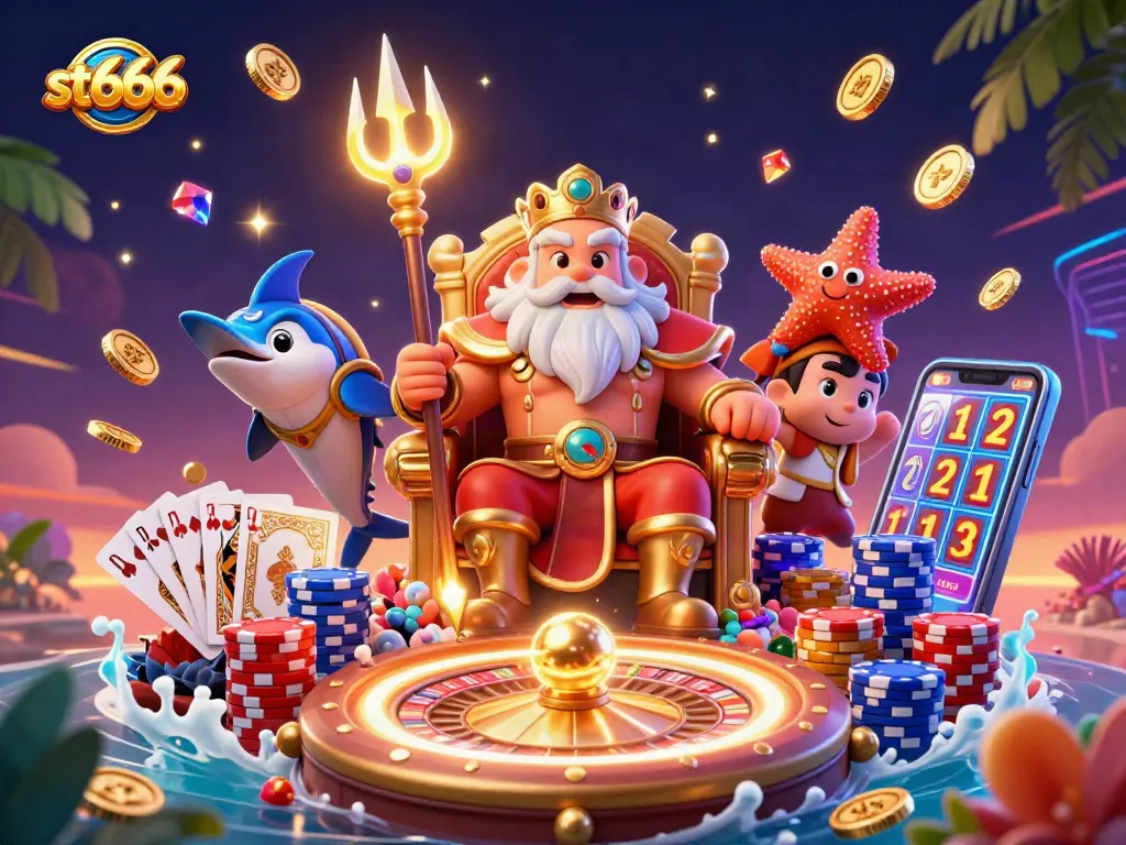 Experience thrilling st666 gameplay with Neptune flanked by Guardians in a dynamic casino scene.