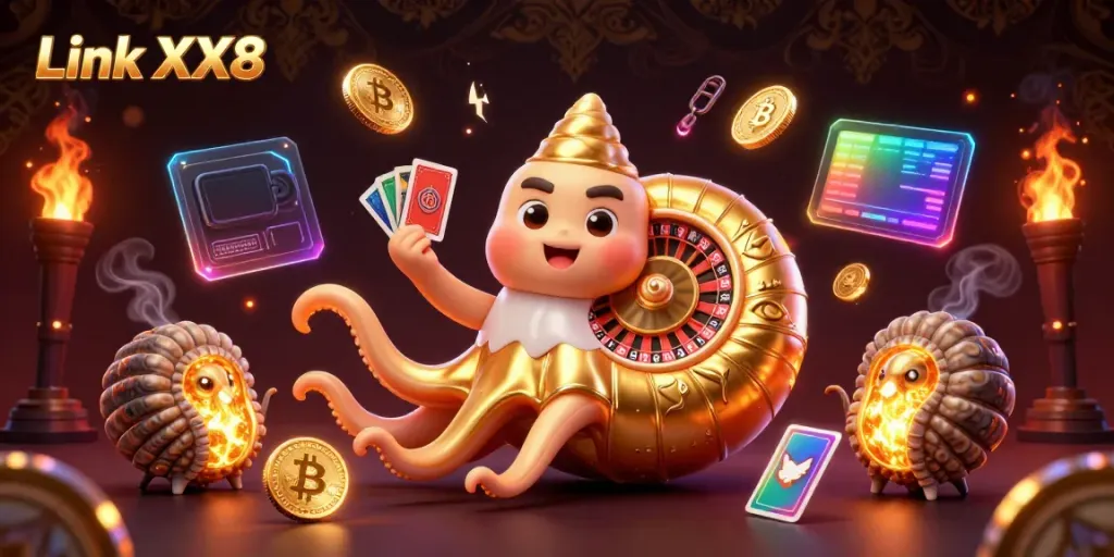 Experience the excitement of Link XX8 with a dynamic casino scene featuring games and crypto.