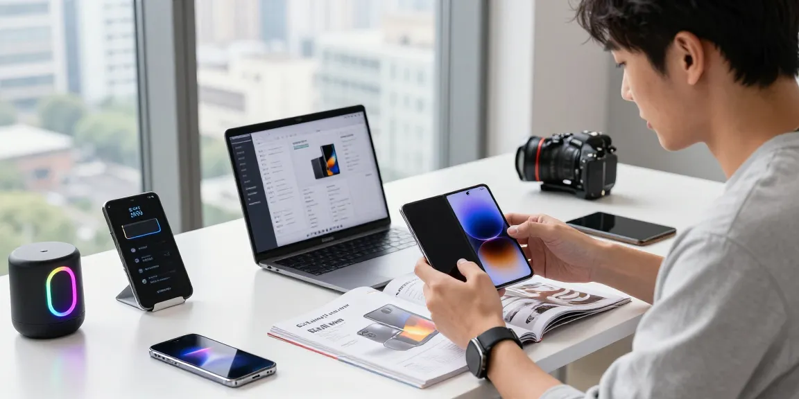 Reviewing foldable phones 2026 at a tech workspace, featuring gadgets and modern elements.