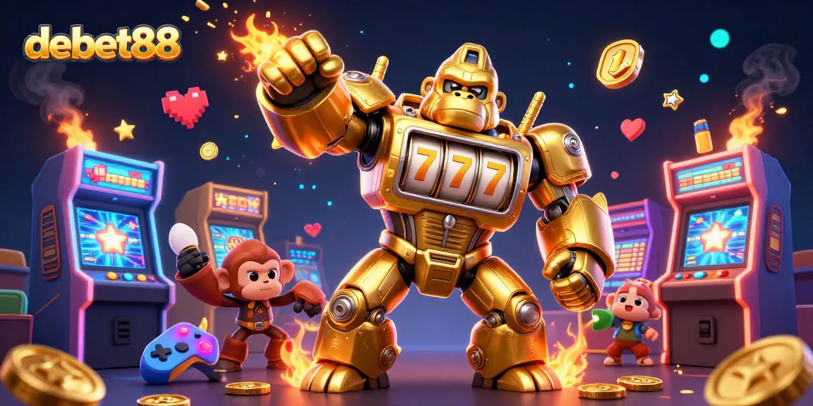 Experience exciting wins at debet88 with a vibrant 3D casino illustration featuring a golden gorilla mech.