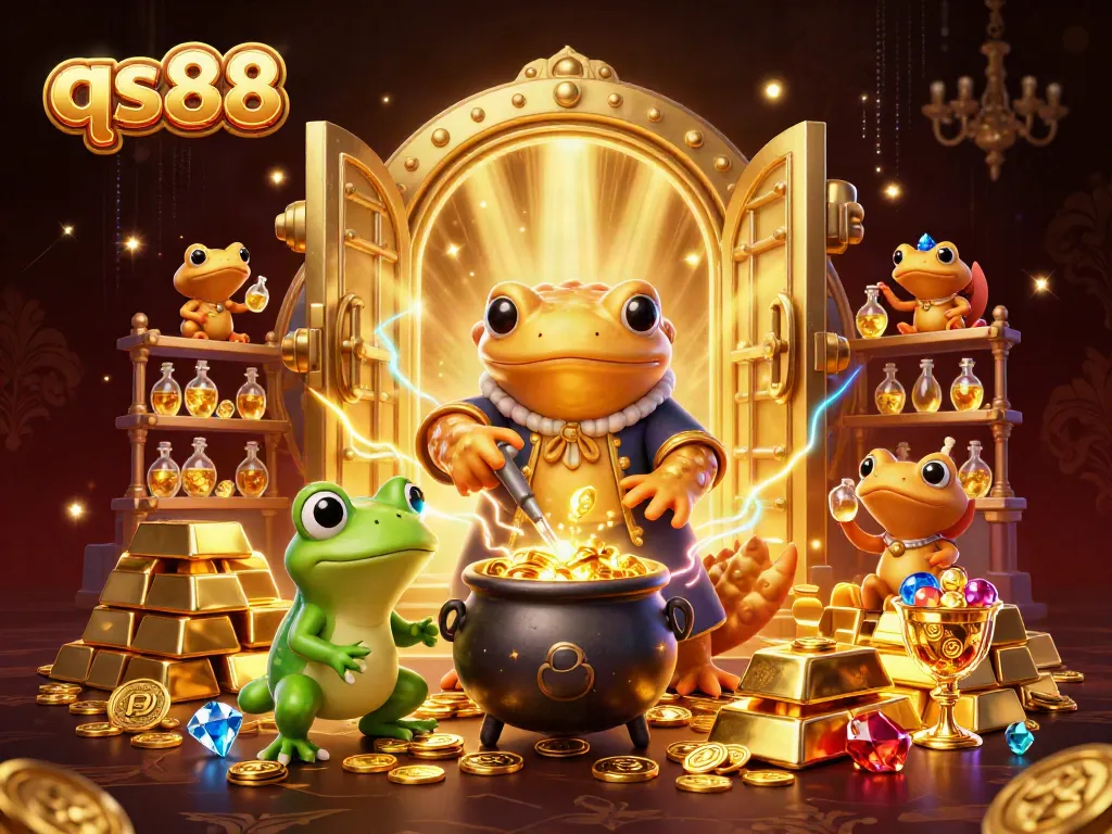 Spin and win with qs88 in this vibrant cartoon scene of a magical casino.