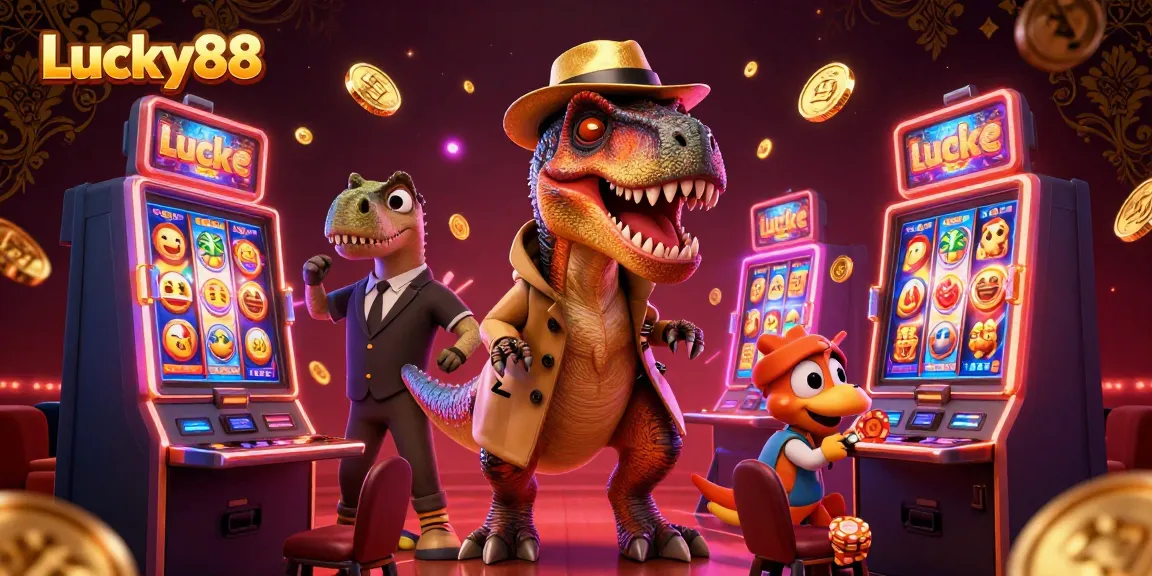 Engage with the Lucky88 slot adventure featuring a velociraptor at a slot machine, amidst colorful game elements.