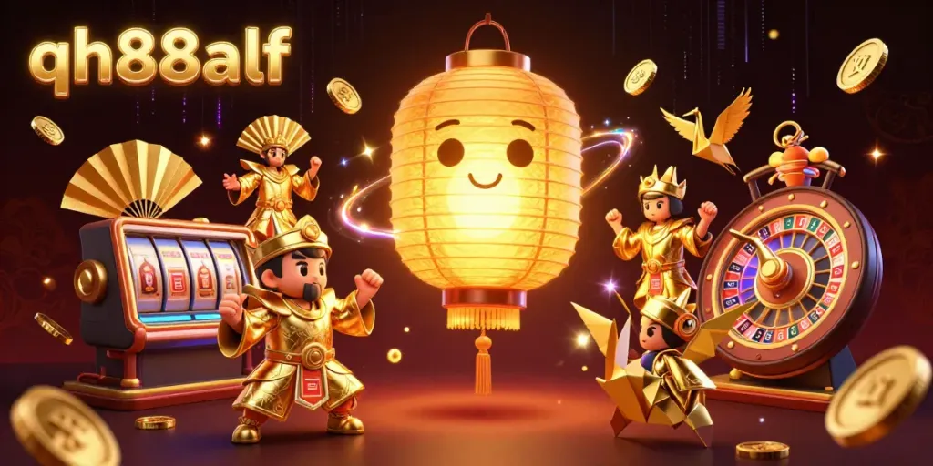 Engage with exhilarating play at qh88alf's vibrant casino, featuring a golden lantern spirit above exciting games.