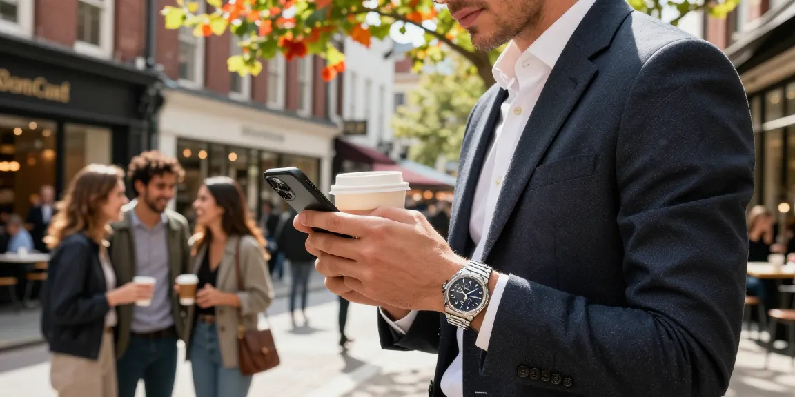 Stylish person wearing a luxury replica watch while enjoying city life, blending fashion and elegance.