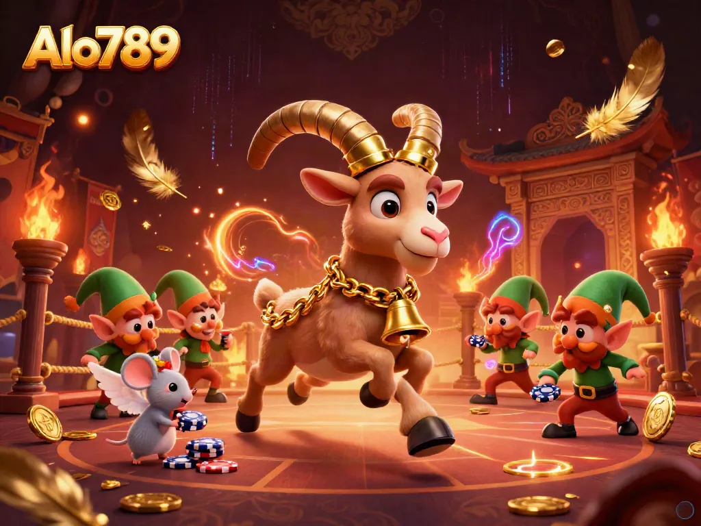Alo789 captures the excitement of holiday horror with a Krampus goat and mischievous gremlins stealing poker chips in a vibrant casino.