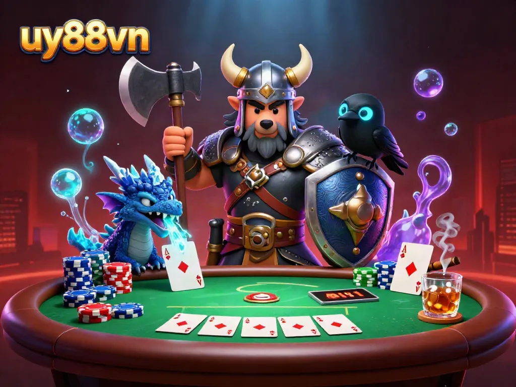 Engage with exciting gameplay at uy88vn featuring a Viking wolf warrior and a dragon at a vibrant poker scene.