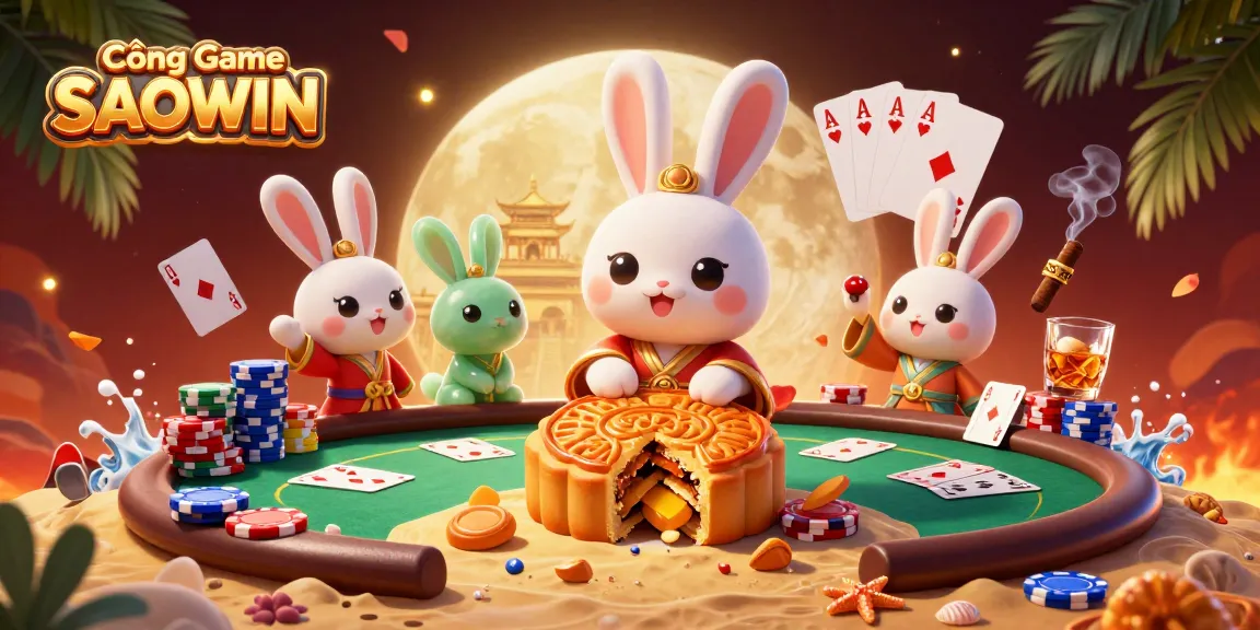 Experience excitement at Cổng Game SAOWIN with a playful moon rabbit, poker elements, and vivid imagery.