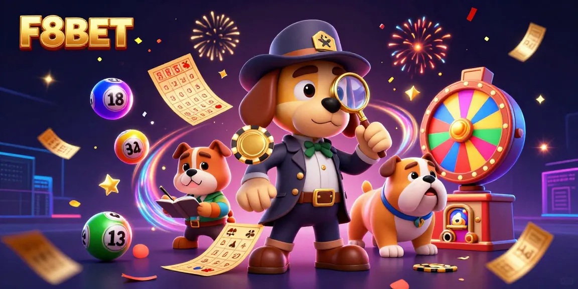 F8BET brings luck as a detective dog explores golden poker chip clues in this vibrant casino scene.