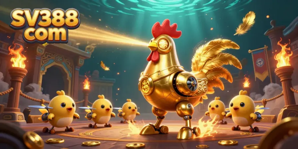 Engage in epic battles with SV388 com's golden rooster robot in an electrifying 3D fantasy arena.