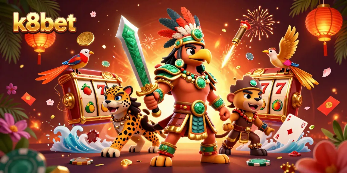 K8bet offers exhilarating slot experiences with a vibrant Aztec-themed casino illustration.