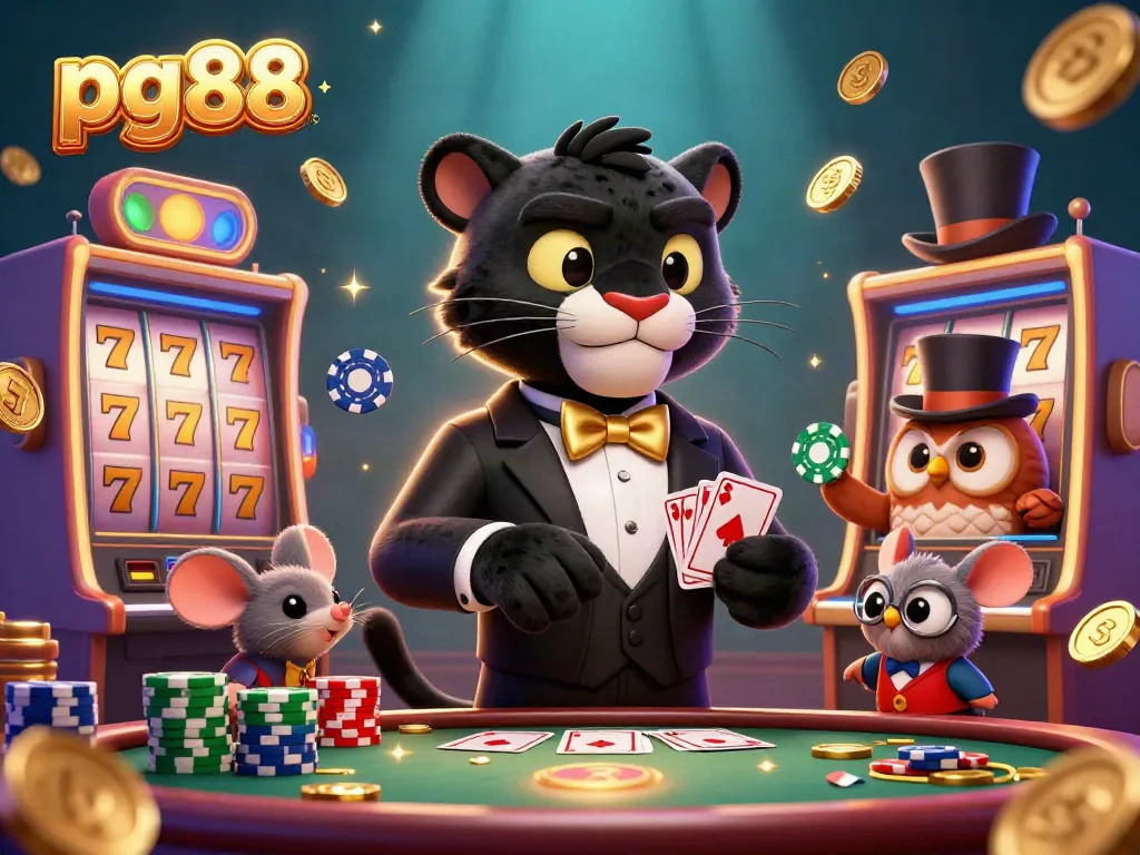 Engage with pg88's vibrant casino scene featuring a panther dealer and gaming elements.