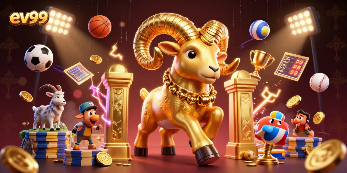 Engage in exciting games at ev99 casino, featuring a majestic golden ram amidst dynamic sports imagery.