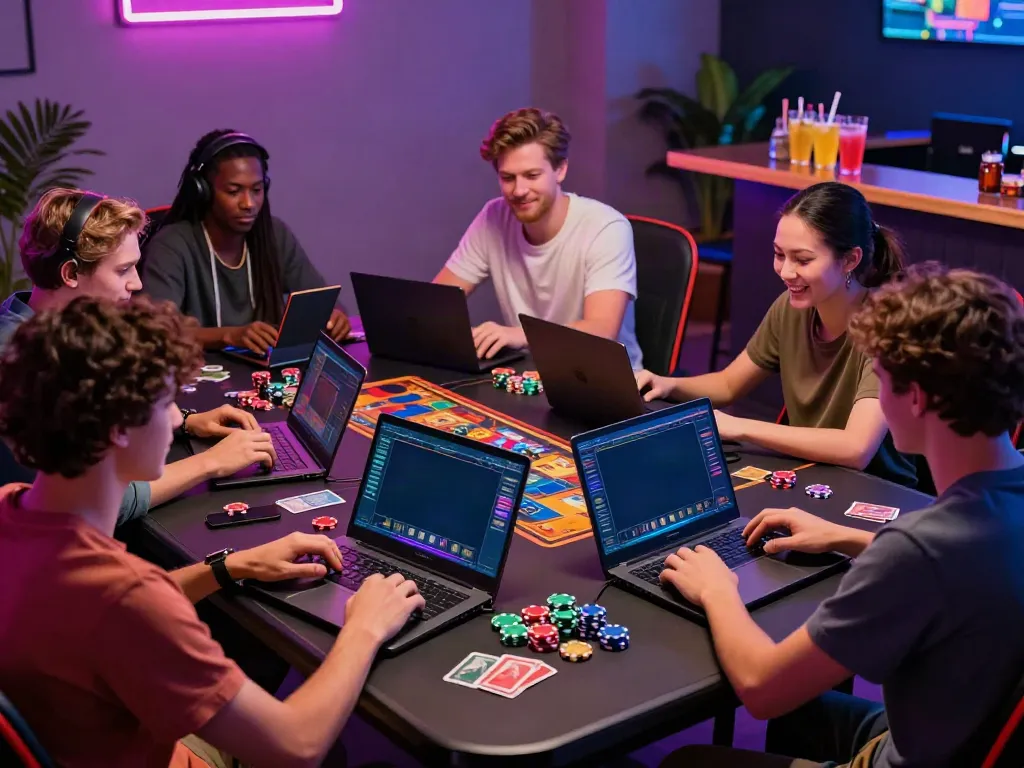 Diverse friends enjoying a game night at a non GamStop casino UK with vibrant atmosphere and modern setup.