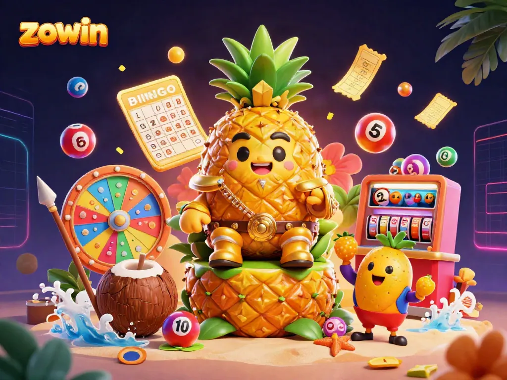 Zowin’s vibrant casino scene with a golden pineapple king and colorful game elements thriving in a dynamic beach setting.