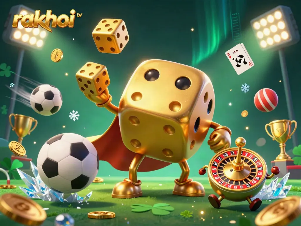 Experience the dynamic world of rakhoi tv as golden dice and sports elements create a vibrant casino atmosphere.