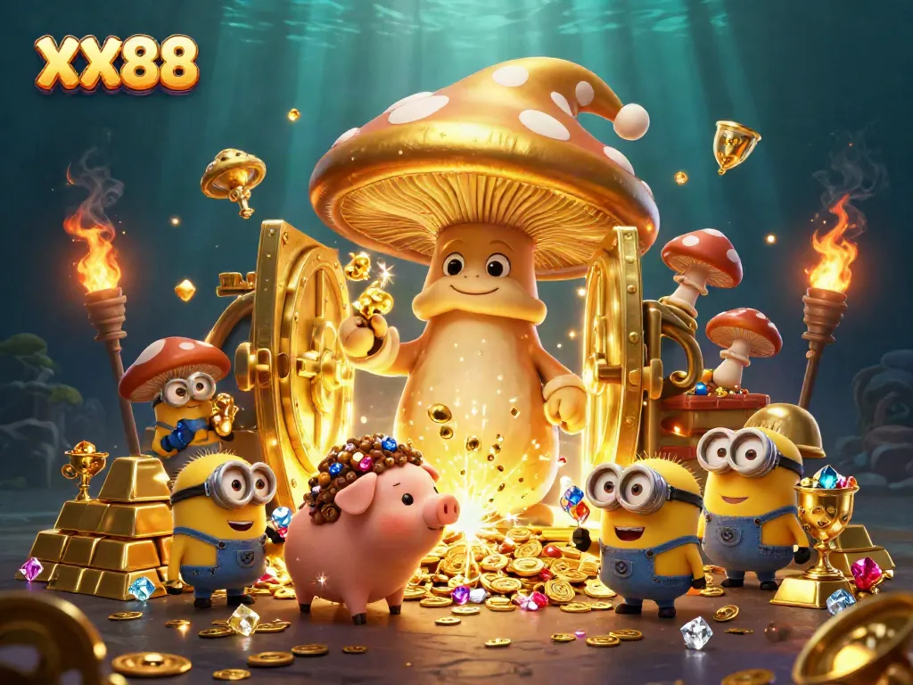 Engage with the magic of XX88, where a golden mushroom wizard conjures treasures and spins luck in an enchanting casino realm.
