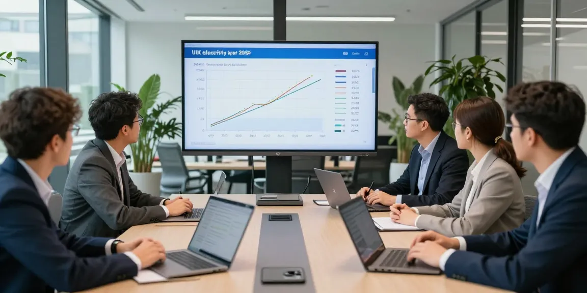Business meeting discussing uk electricity price per kwh april 2026 with team, graphs, and laptops in modern office.