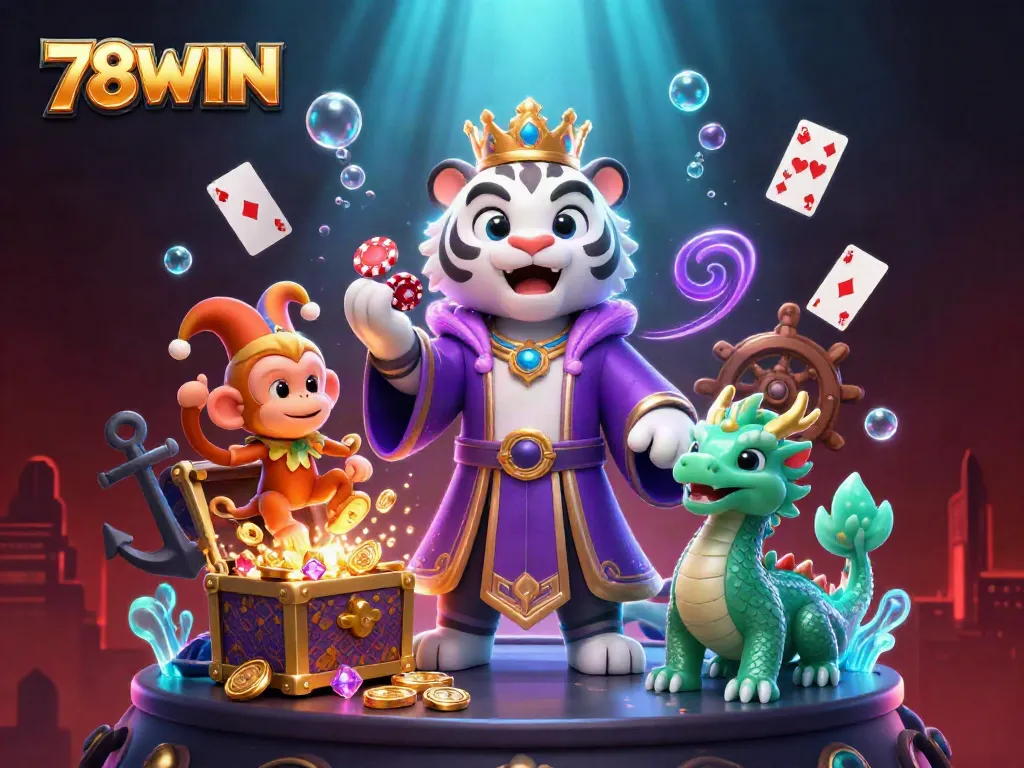 Engage with the vivid 78WIN casino experience featuring a white tiger and golden monkey amidst treasures.