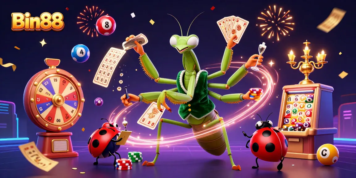 Engage and win with Bin88 in a vibrant casino-themed 3D illustration featuring lively characters.