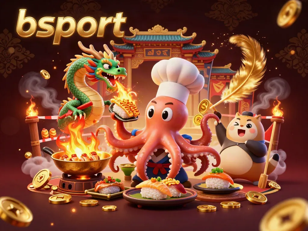 Experience the dynamic world of bsport with a sushi chef octopus, fire-breathing dragon, and immersive gambling scene in 3D.