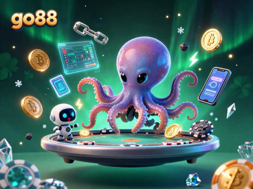 Play exciting poker with go88 featuring alien octopus and holographic elements in a cosmic casino.