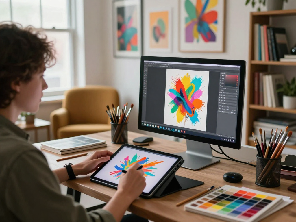 Vibrant digital art studio showcasing NSFW AI creativity with artist at work