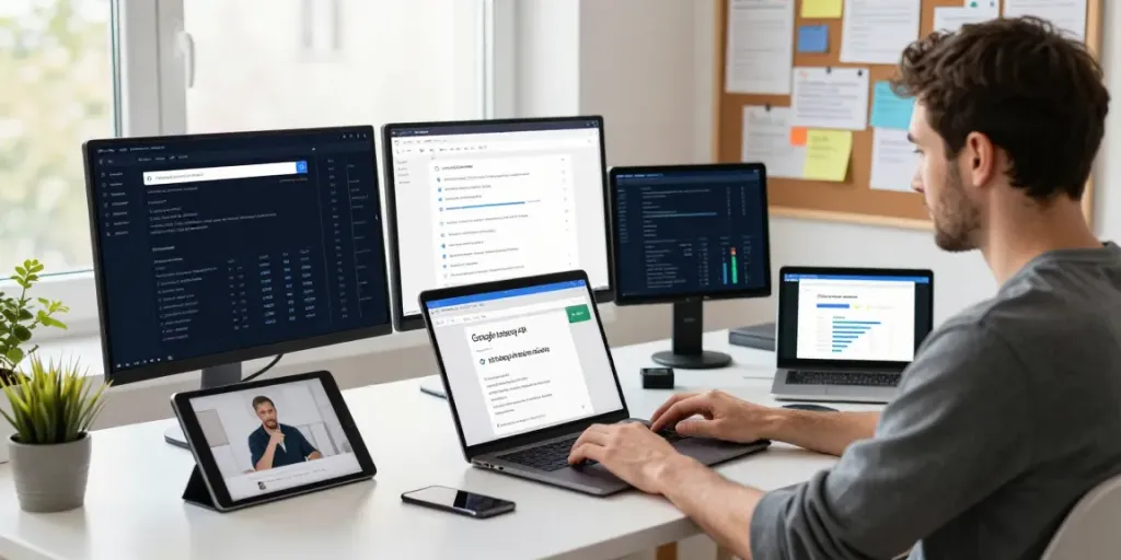 Digital marketer using instant indexing tools in a vibrant home office workspace.