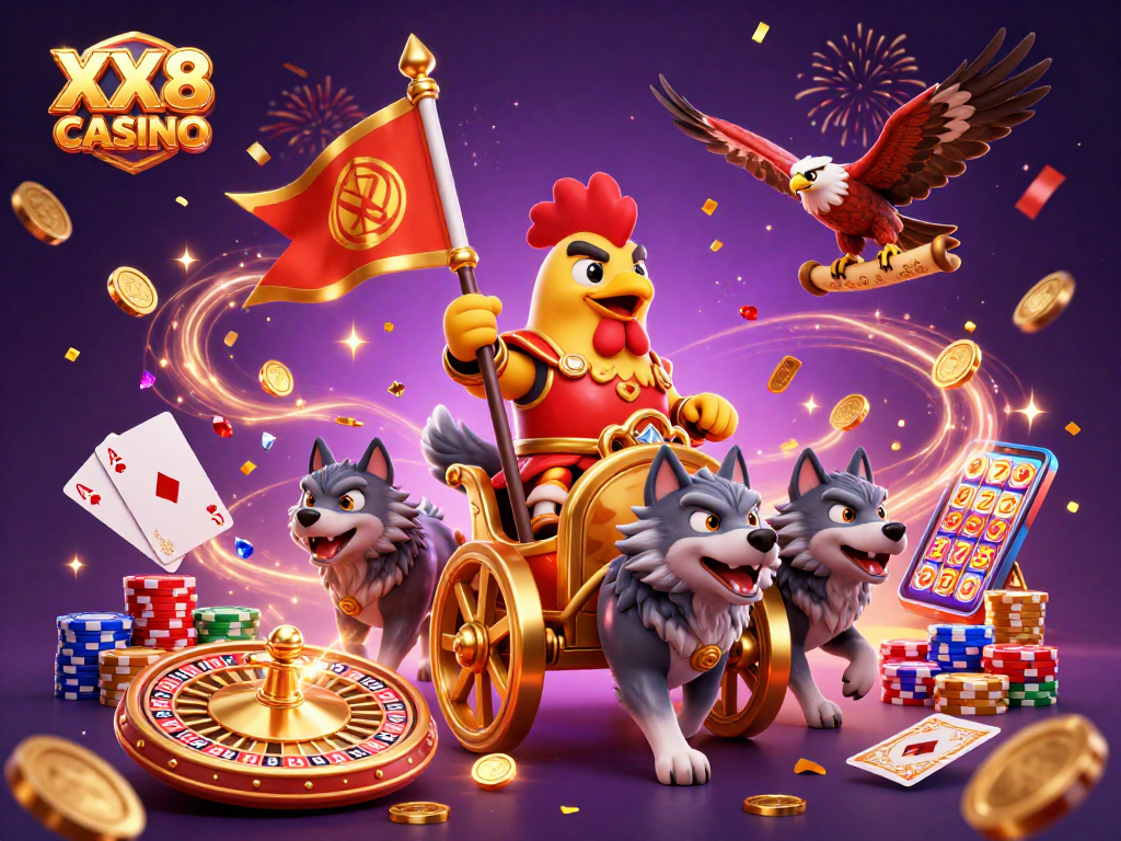 Experience thrilling gaming action at XX8 CASINO with a dynamic digital illustration of a rooster warlord