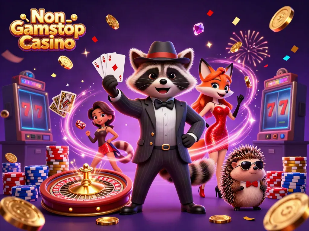 Engaging scene at Non Gamstop Casino with raccoon, fox, and hedgehog celebrating amid casino elements.