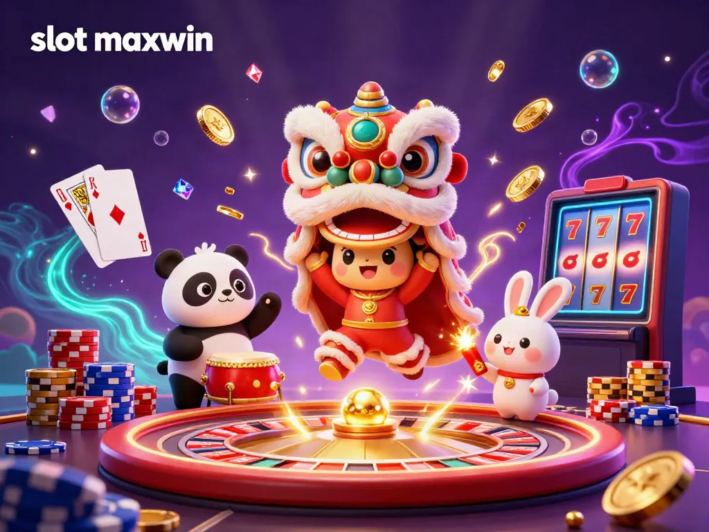 Experience slot maxwin with a colorful, dynamic casino scene featuring lively characters, coins, and gems.