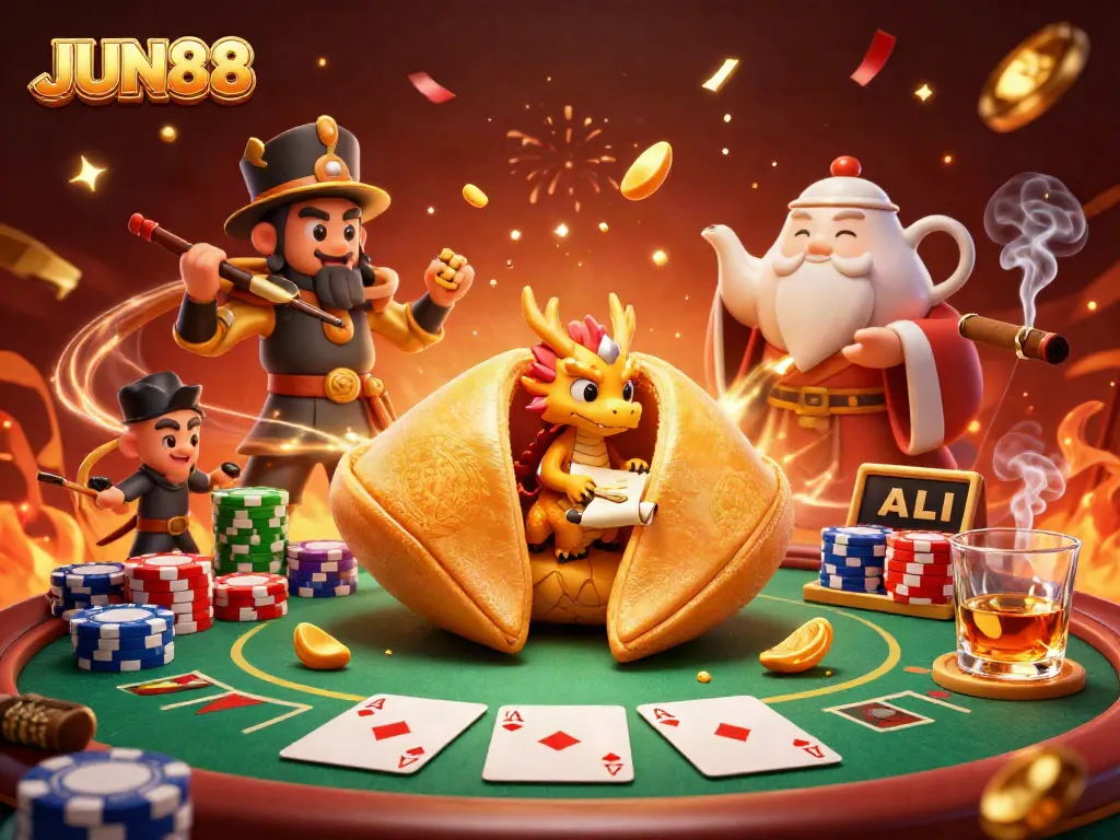 Experience thrilling gaming with JUN88 in a vibrant 3D illustration of poker excitement and fortune's dragon.