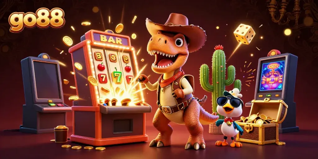 Spin the reels at go88 with a dynamic 3D scene featuring a cowboy dinosaur and vibrant casino elements.