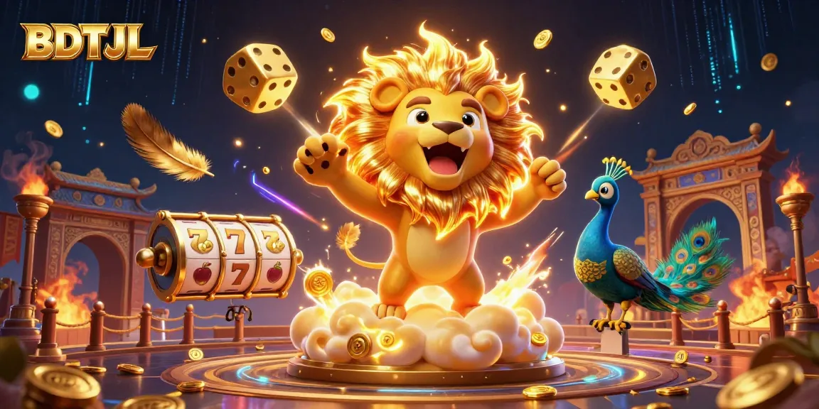 Experience BDTJL fun with a captivating casino scene featuring a lion and golden dice.