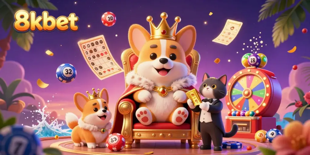 Experience 8xbet's thrilling gaming world with a vibrant 3D illustration featuring playful characters and dynamic casino elements.