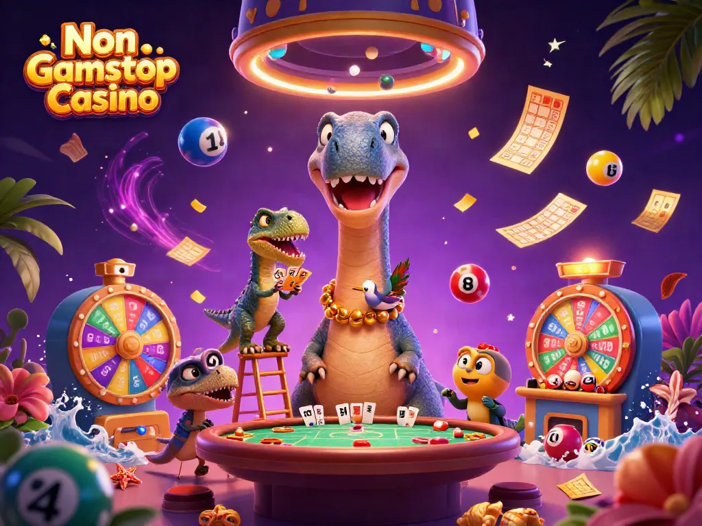 Engaging scene of a Non Gamstop Casino featuring a cartoon brontosaurus and raptor dealer.