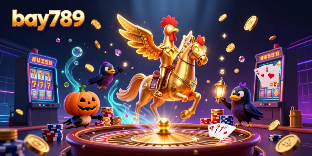 Experience the thrill of bay789 in a vibrant casino scene with a golden rooster and treasure elements.