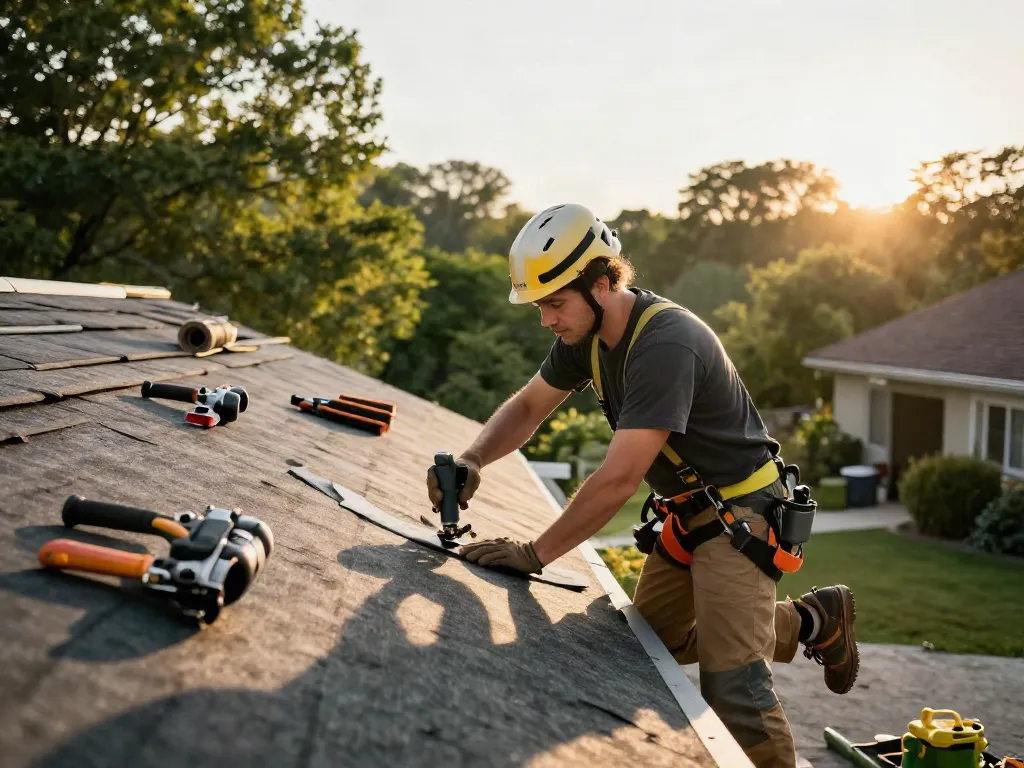 Professional roofer applying felt roofing with tools and greenery.