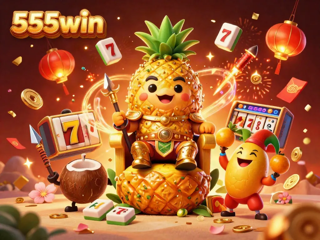 Experience 555win's vibrant beach casino with a golden pineapple king and dynamic slot game elements.