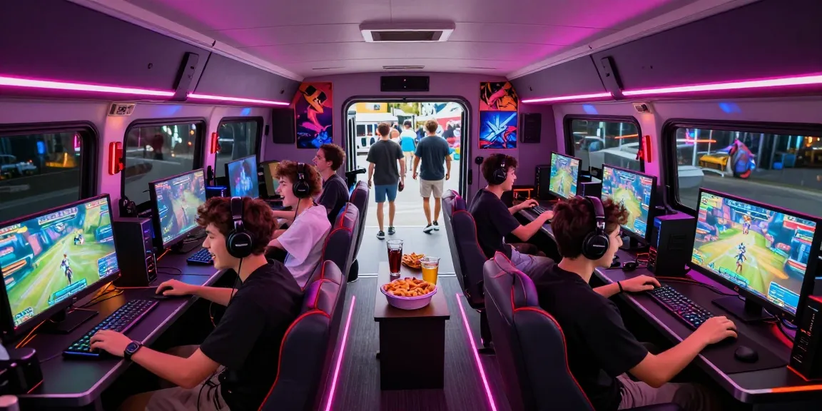 Exciting gaming bus party interior filled with teenagers playing video games.