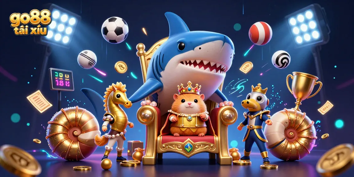 Experience excitement with go88 tài xỉu, featuring a golden hamster king and dynamic sports elements.
